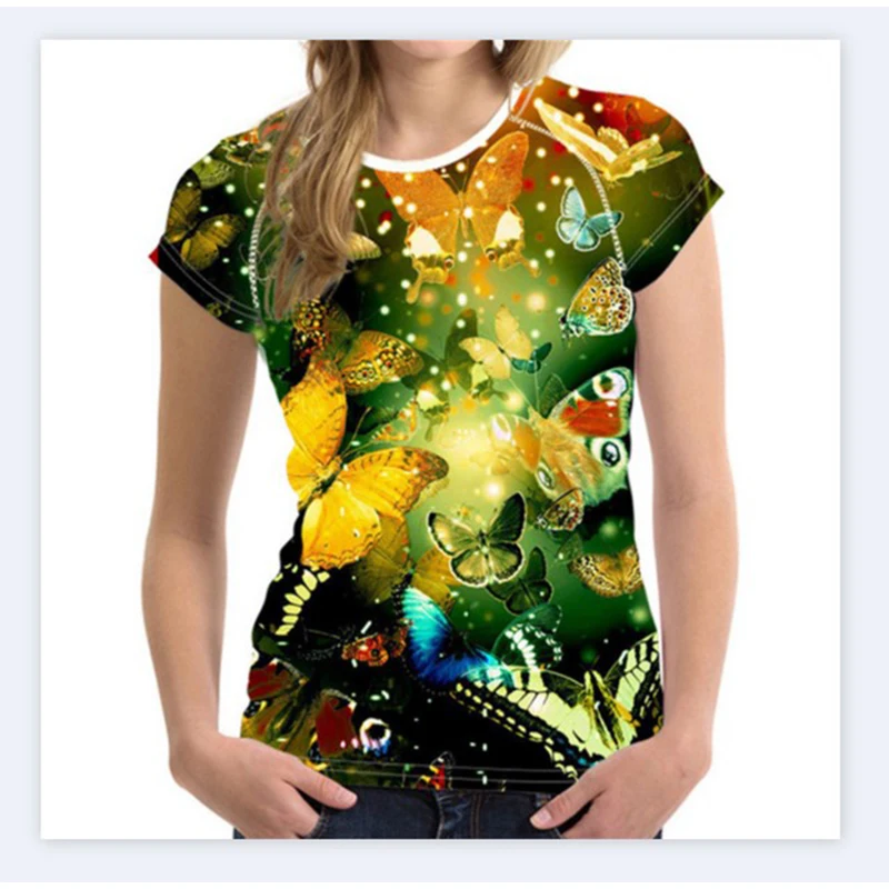 Camiseta informal de gran tamaño con cuello redondo para mujer, camisetas Y2K para niña, ropa de verano, ropa informal con estampado 3D de mariposa