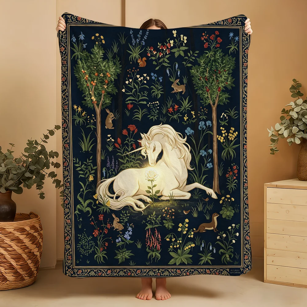 Retro Medieval Forest Unicorn Blanket Printed Flannel Super Soft Warm Cozy Season Nap Bed Sofa Travel Camping Gift Adults Kids
