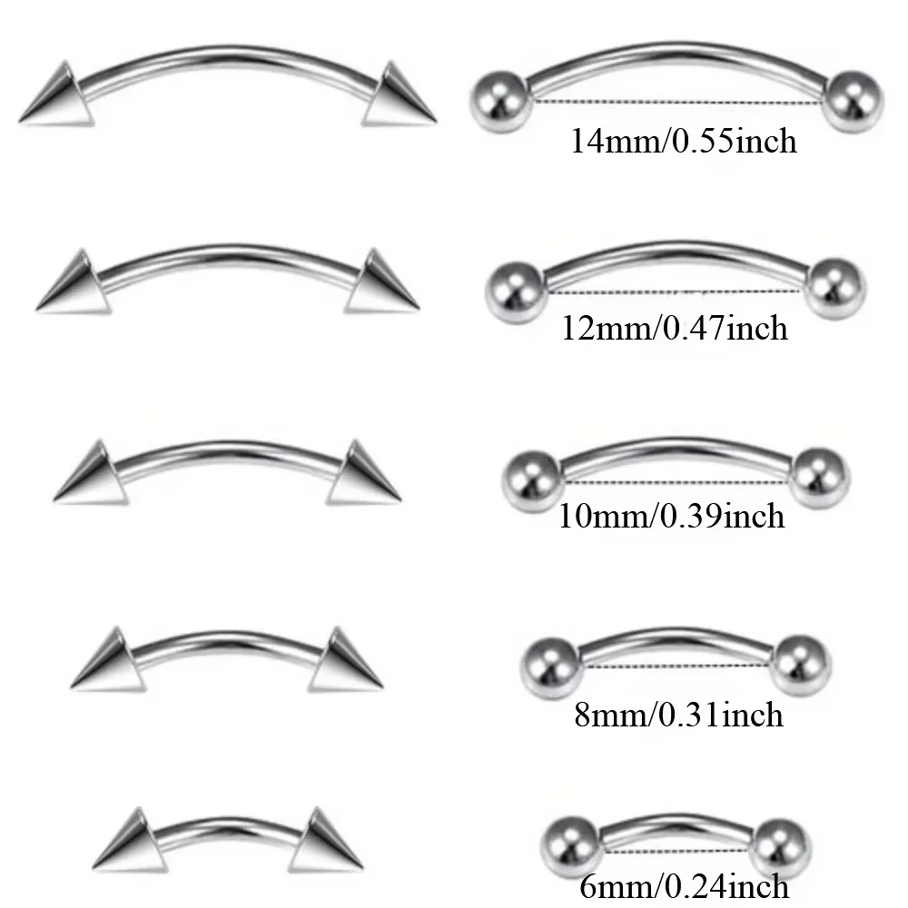 Bulk Multi Size 16G 1,2 mm Stahl gebogenes Langhantel-Augenbrauenpiercing 6-14 mm Stab 3 mm Kugel-Ohrpiercing – Detail 2