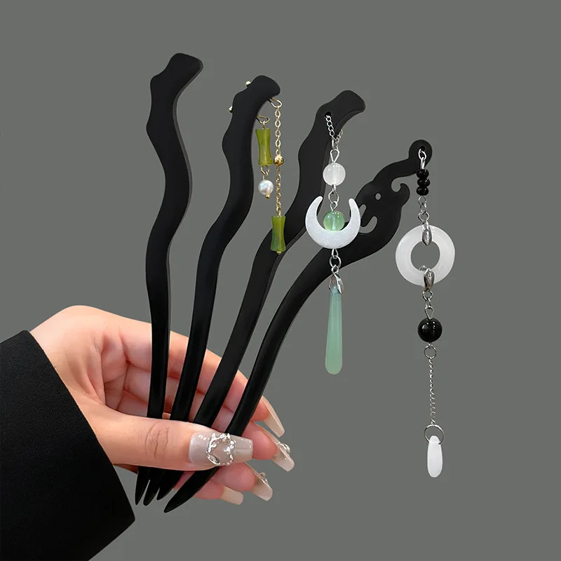 Chinese Style Hanfu Moon Tassel Hair Sticks Black Wood Hairpin Ancient Chopstick Hair Clips Headdress Women Girls Hair Accessory