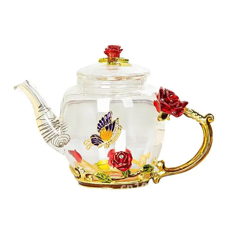 

Red rose Enamel Crystal Flower Glass Teapot for Hot and Cold Drinks Home Drinkware Office water kettle Tea set coffee pot