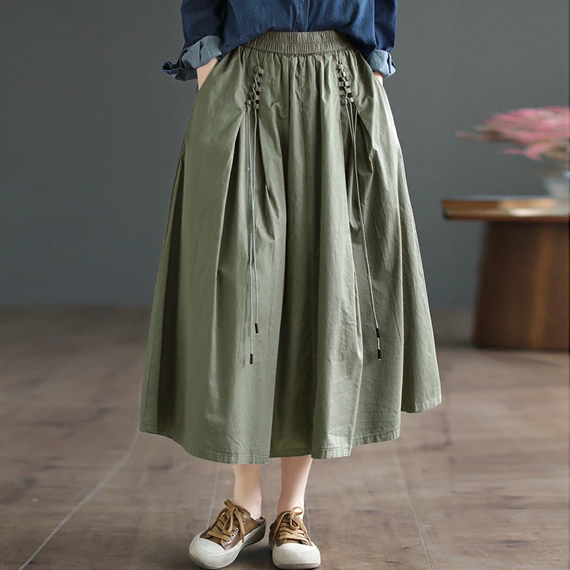 

NINI WONDERLAND Spring Cotton Vintage A-line Pleated Skirt Women 2023 Summer Elastic Waist Casual Skirts Mori Girls Style