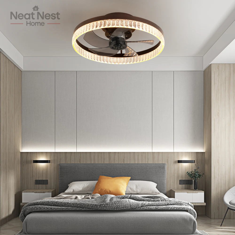 

Silent ceiling fan with LED Light – Modern Flush Mount Fan Light for Bedroom,Living Room,balconies with Crystal Ring Design