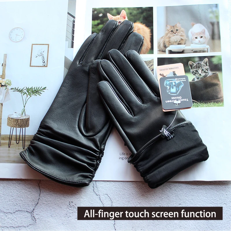 Gants en cuir véritable pour femmes, gants en peau de mouton, style élastique, doublure en velours, coupe-vent, blanc, extérieur, hiver, chaleur,