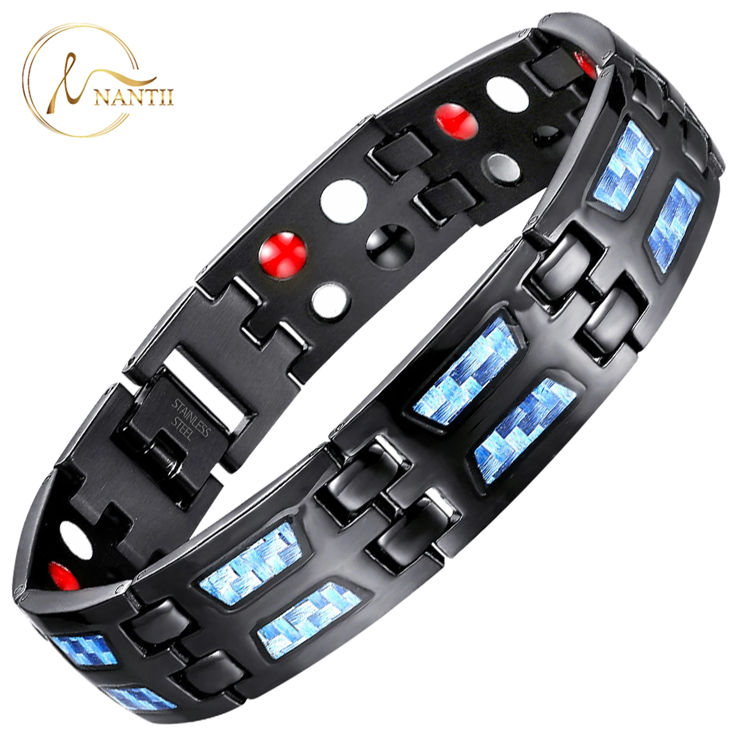 Double-Row Ultra Strength Bio Magnetic Therapy Bracelet for Men Stainless Steel Carbon Fiber 4in1 Energy Elements Health Bangle