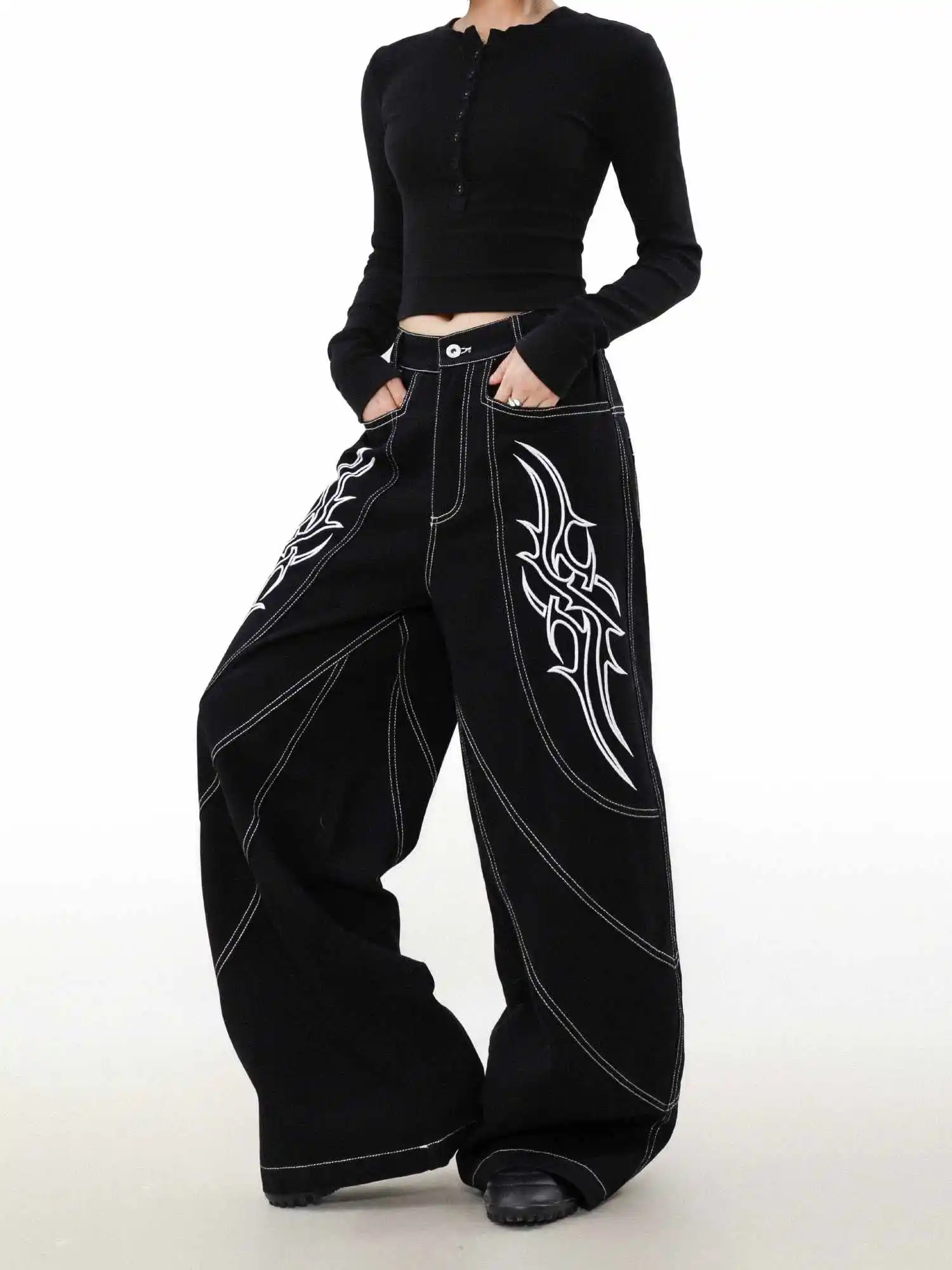 

Women's Black Gothic Y2k Baggy Jeans Japanese 2000s Style Emo Wide Leg Denim Trousers Harajuku Vintage Oversize Jeans Pants 2025