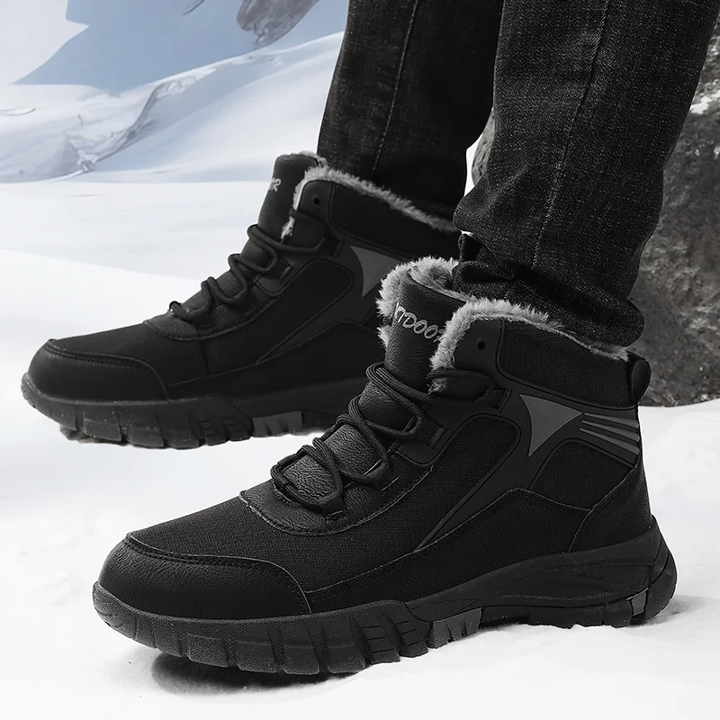 Botas de nieve cálidas para hombre, zapatos de felpa, zapatillas de senderismo de cuero impermeables, informales, a la moda, invierno, 2023