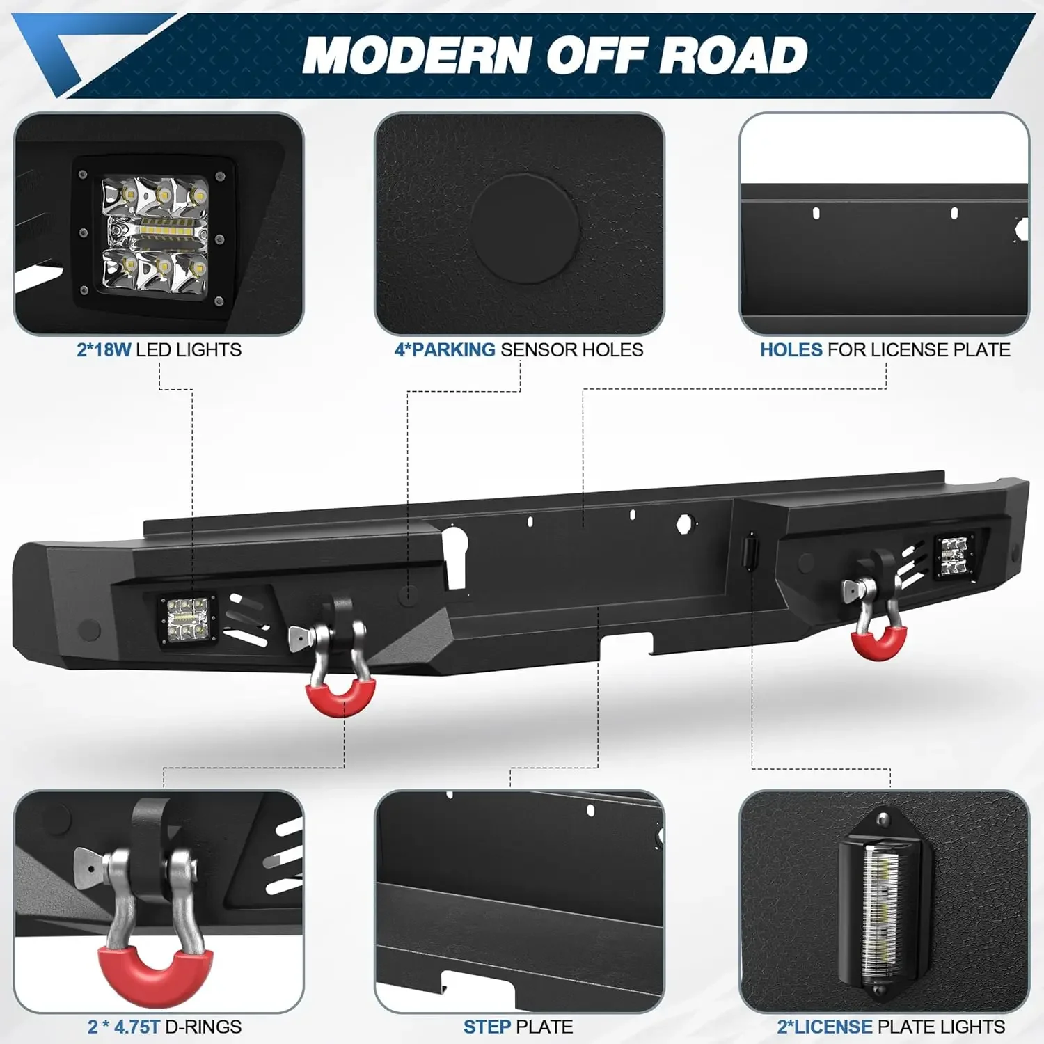 Rear Bumper For 2019-2023 Ford Ranger (Excluding Wildtrak) W/Step Plate, Fog Lights, License Plate Lights And D-rings