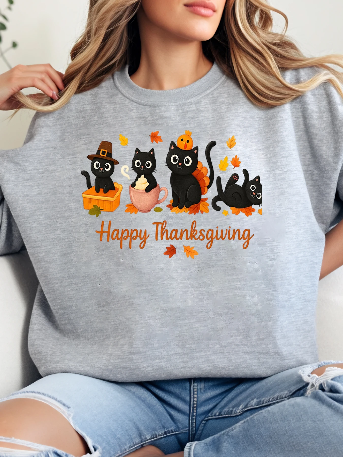 

Толстовка с круглым вырезом с милыми черными кошками и принтом «С Днем Благодарения», женская повседневная осенняя праздничная одежда, серая, больших размеров
