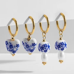 Blue Flower Porcelain Round Heart Ceramic Beads Pendants with Gold plated Circle Stainless Steel Earrings for Women