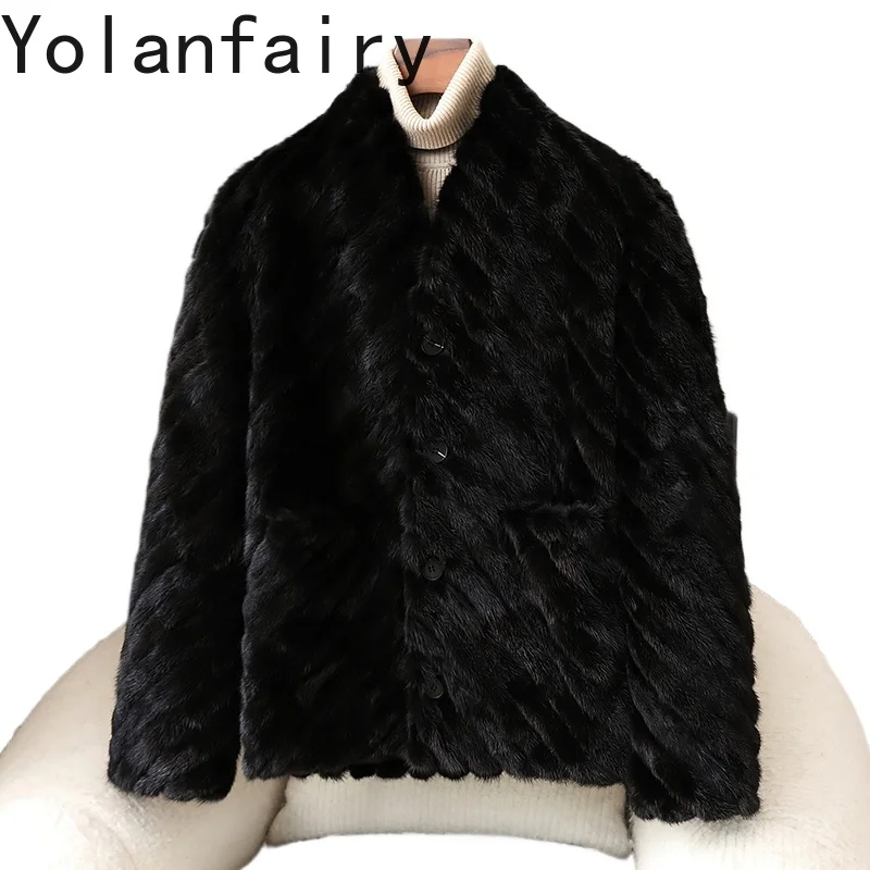 

YOLANFAIRY High Quality Real Fur Coat Man Clothes Autumn Winter V-neck Splicing Pieces of Mink Fur Jacket Casual Black Fur Coats
