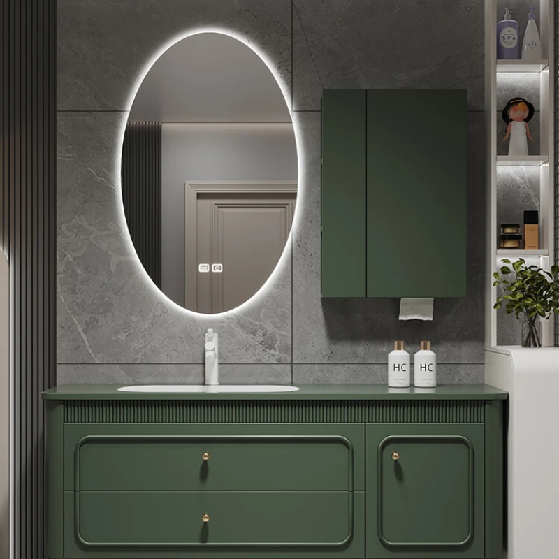 French retro bathroom cabinet combination rock slab seamless integrated basin bathroom solid wood washbasin cabinet