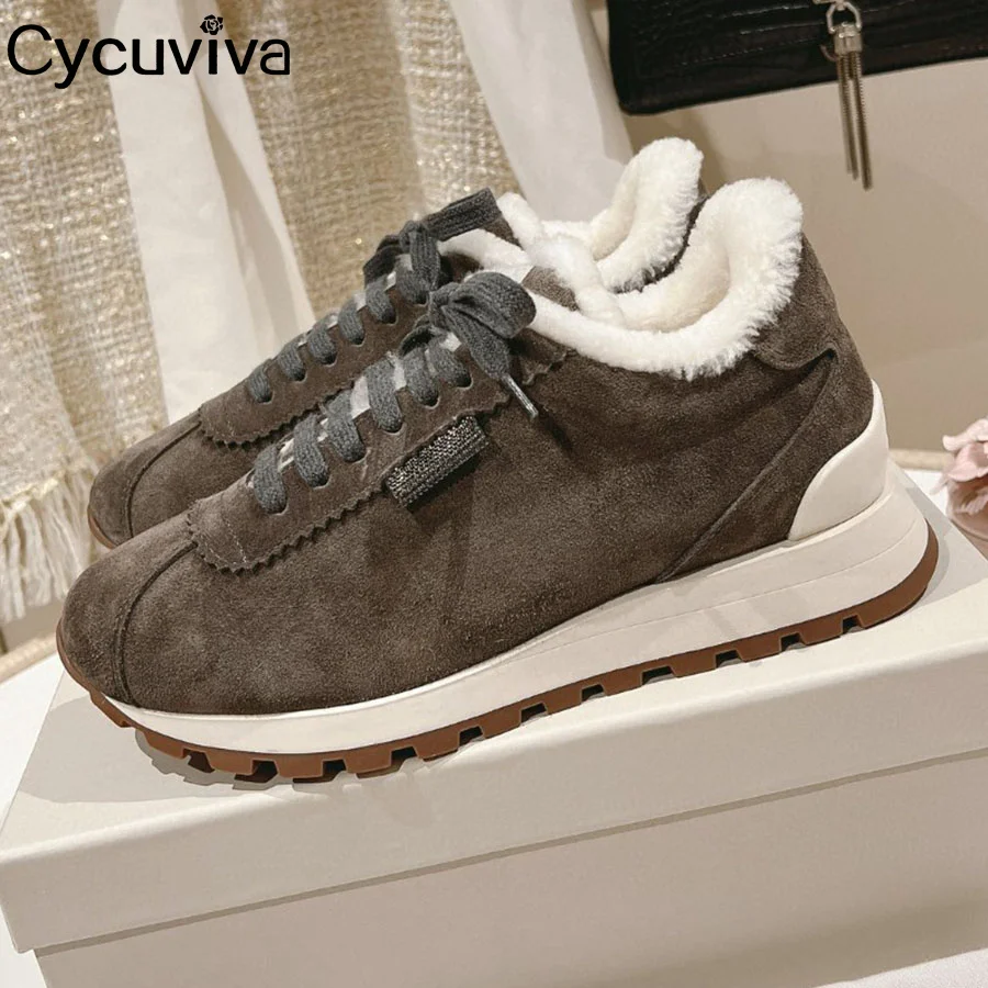 Winter Brand Suede Flat Shoes Women Thick Sole Lace Up Wool Casual Sneakers Comfort Party Vacation Walking Shoes Running Shoes