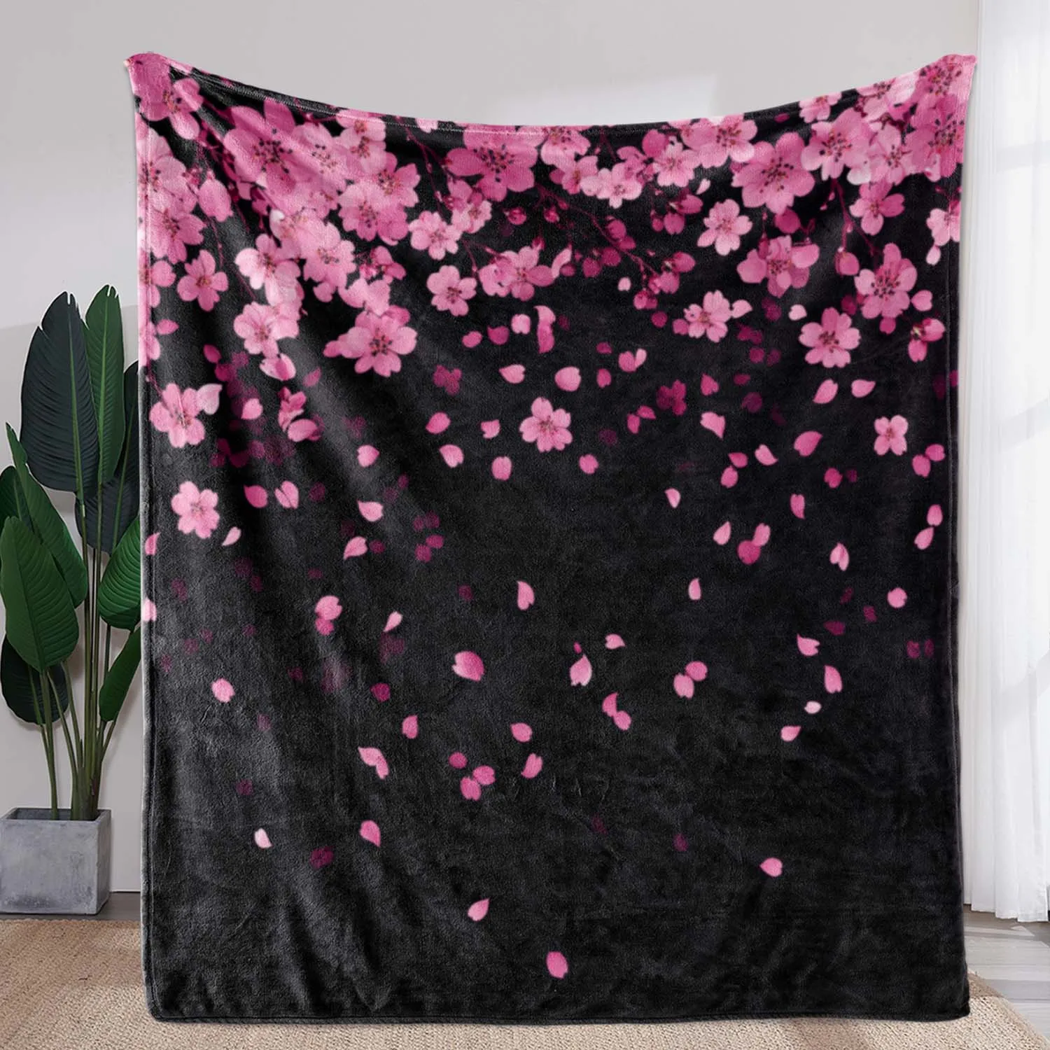 Luxurious Flannel Blanket with Pink Cherry Blossom Print – Soft, Cozy, All-Season Throw for Sofa, Bed, Car, Office, Camping