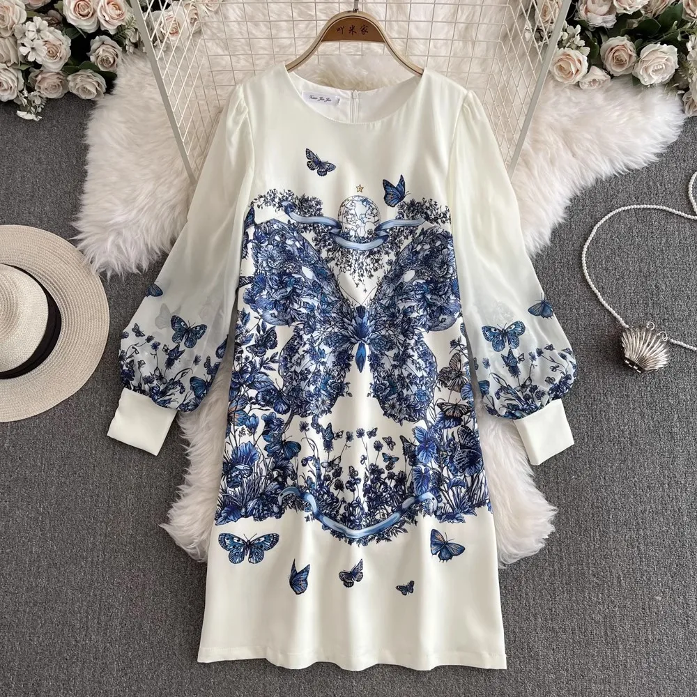 

2024 Summer Holiday Runway Dress Women's Lantern Sleeve Blue Flower Print High Waist A Line Zipper Beach Vacation Mini Vestidos