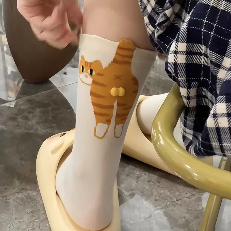 الكرتون لطيف القط كرات الجوارب القطنية Kawaii تنفس الحياكة الجوارب للنساء الفتيات الأوسط أنبوب النوم جورب القط طباعة الطابق جورب #2