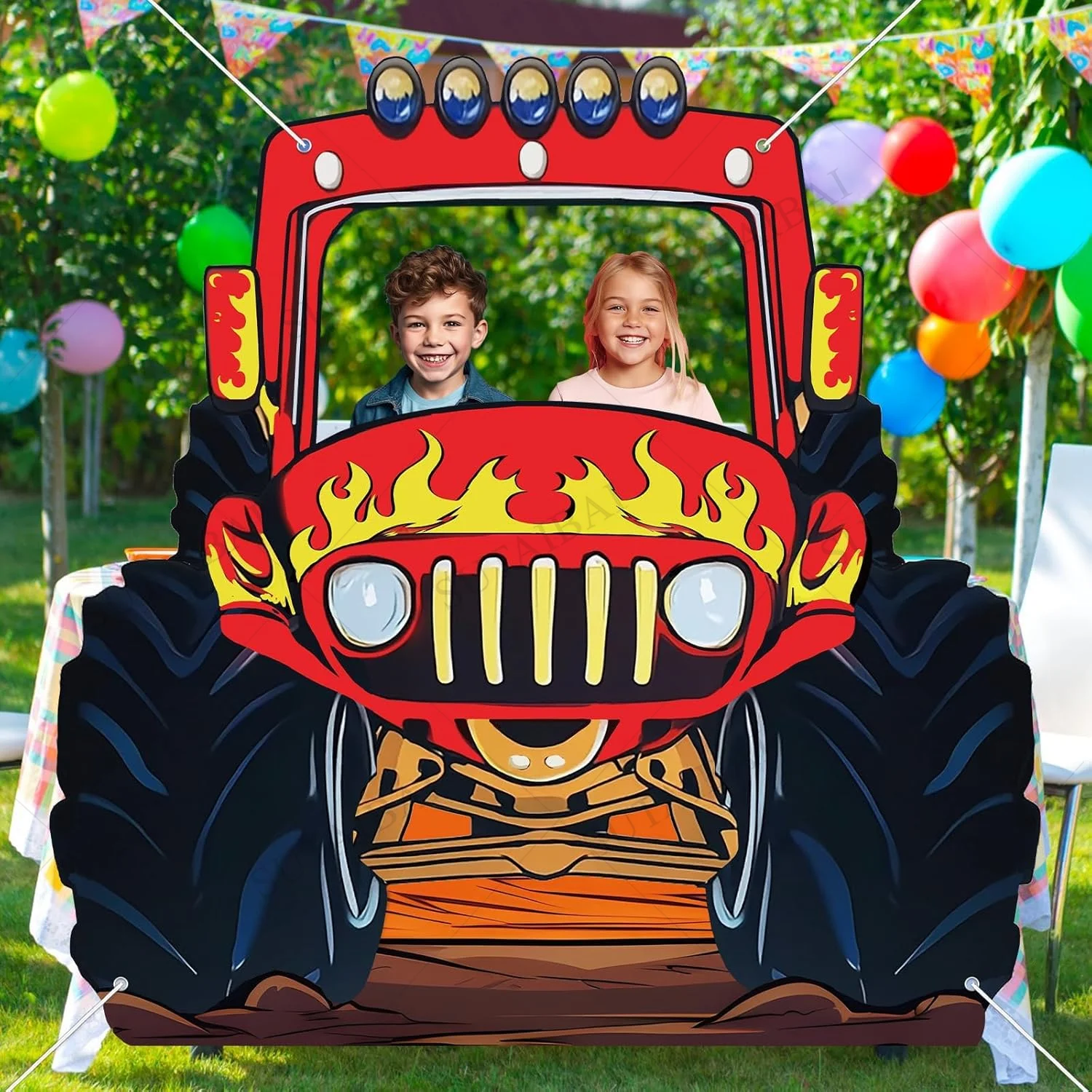 Monster Truck Photo Banner Booth Puntelli Grande mostro Foto Sfondo Decorazioni per feste Enorme mostri Truck Sfondo Banner Gioco divertente