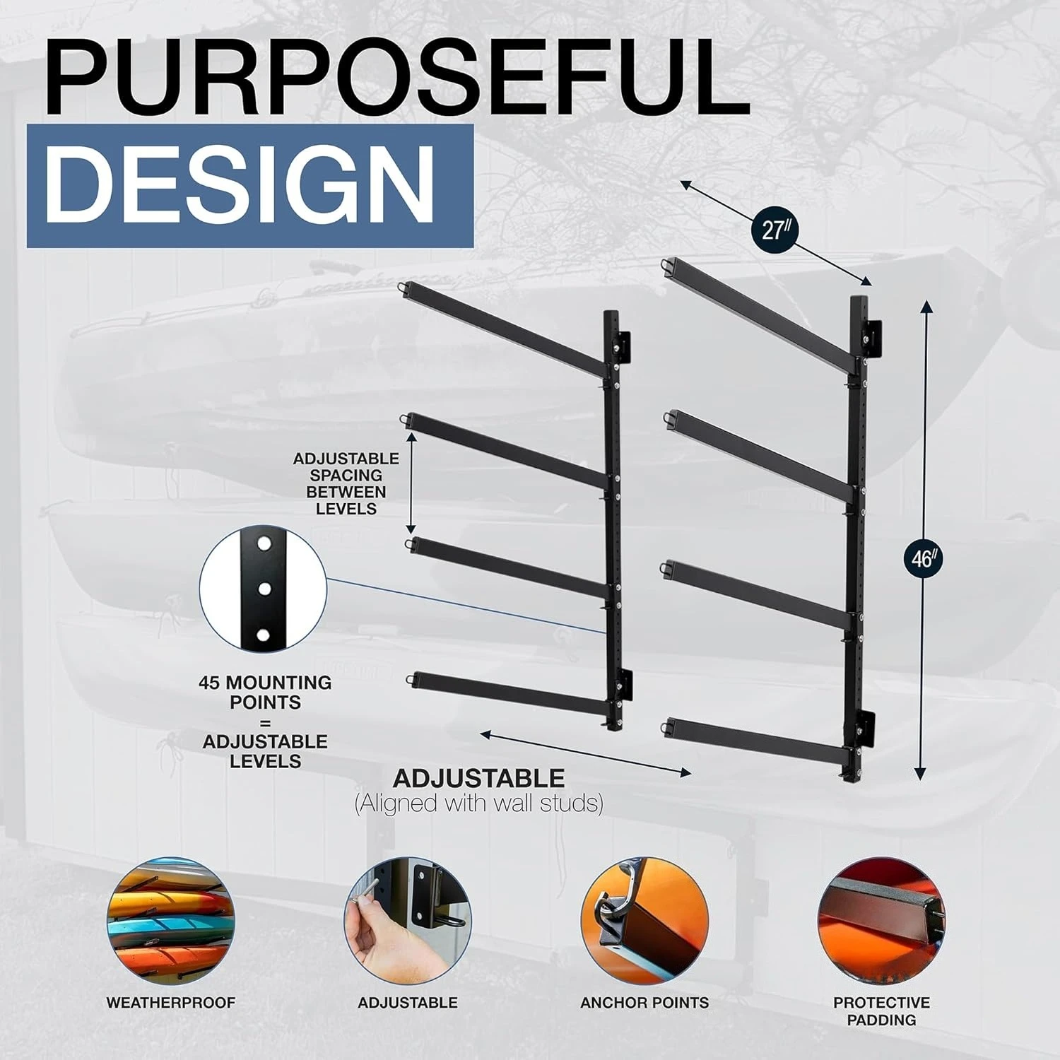 ZZZ- رف حائط - رف كاياك خارجي عالي التحمل يتسع لـ 4 قوارب، حامل للتخزين على الحائط قابل للتعديل، موفر للمساحة في الهواء الطلق