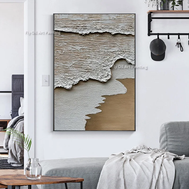 

Brown And White Seaside View Abstract Canvas Oil Painting Hand Drawn Green And Beige Texture Wall Art For Living Room Decor