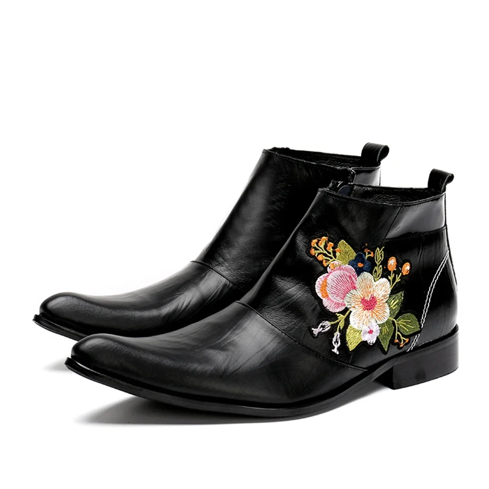 

Black Embroider Flower Genuine Leather Low Heels Zipper Pointed Toe Boots Male Plus Size Fashion Party Wedding Dress Shoes