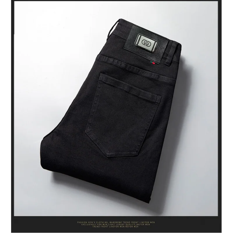 High-End Black Men's Jeans Business Trends Quality Stretch Slim-Fitting Small Straight All-Match Casual Feet Trousers