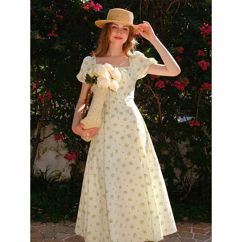 

Summer New Women's Dress Square Neck Printed High Waist Casual Short Sleeve A-line Skirt