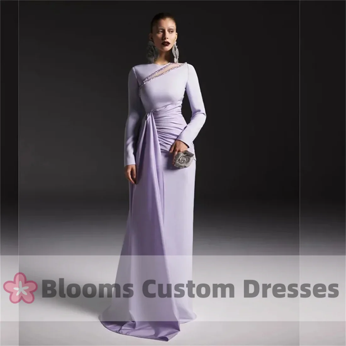 Blooms Elegant Light Purple Mermaid Customized Evening Dress Crystal Beads Formal Occasion Prom Dress Long Sleeve Party Gown