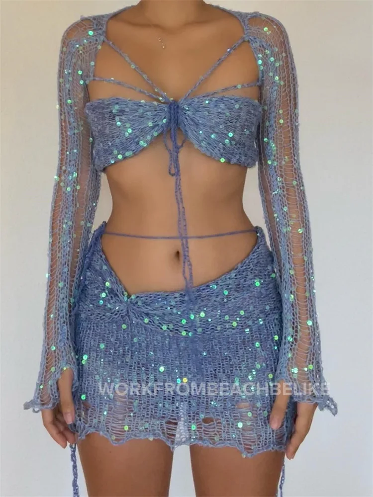 

Укороченный топ с завязками, блестящая шикарная юбка с блестками, комплект с юбкой с высокой талией, черный женский спортивный костюм с бахромой и блестками, одежда для ночного клуба, 2023