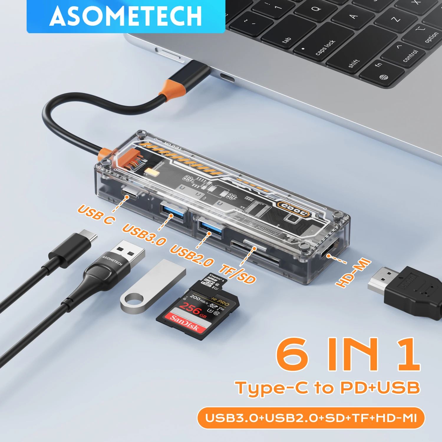 6-IN-1 USB C Hub Type-C PD 100W Multiport Adapter USB 3.0 HDMI Adapter Hub Splitter Docking Station for Macbook Air Laptop