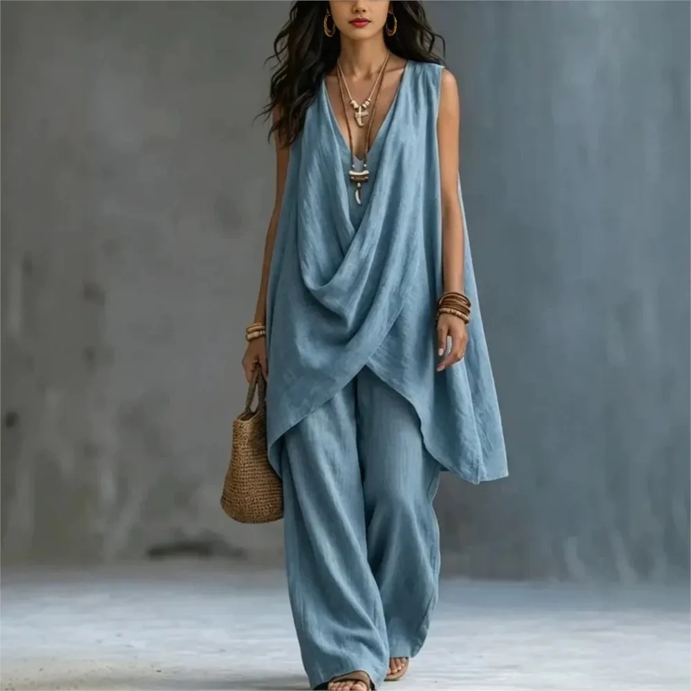 Women Solid Sleeveless Draped V Neck Irregular Long Tops Wide Leg Pants  2-piece Set Summer Casual Vacation Loose Female Sets