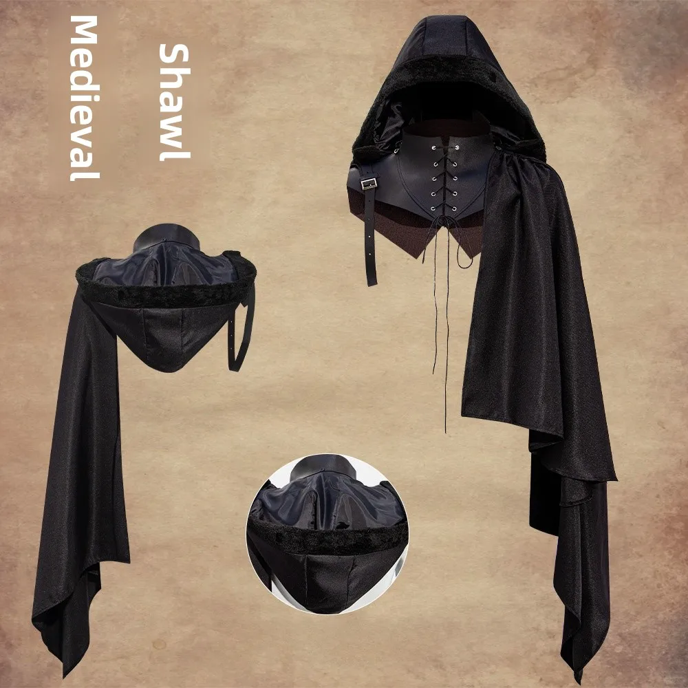 Capa de Cosplay Estilo Medieval con Cinturón y Capucha, Disfraz de Actuación, Ropa de Juego Infantil de Halloween, con Hombros Descubiertos, Estilo Étnico Minoritario