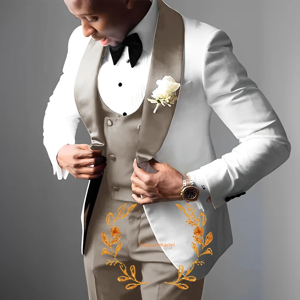 Formal Elegant Men\'s 3-piece Suit Set White Jacket Wedding Groom Tuxedo Blazer Customized Outfit XS-5XL