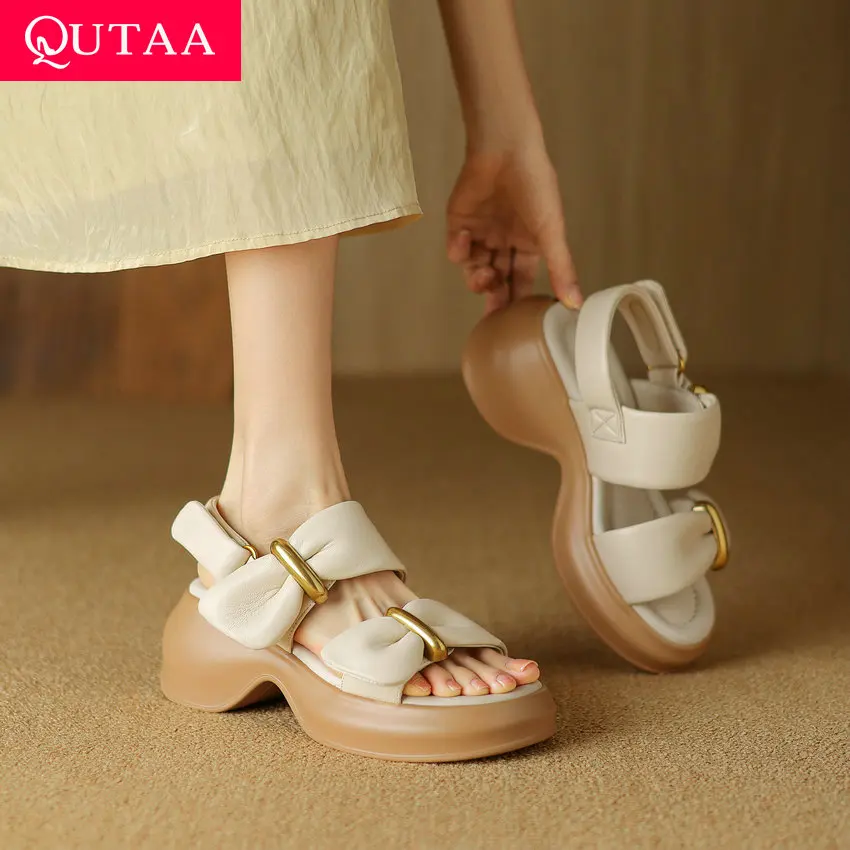 QUTAA 2024 Women Genuine Leather Shoes Women High Heels Platforms Party Wedding Shoes Woman Ankle Strap Prom Pumps Size 34-40