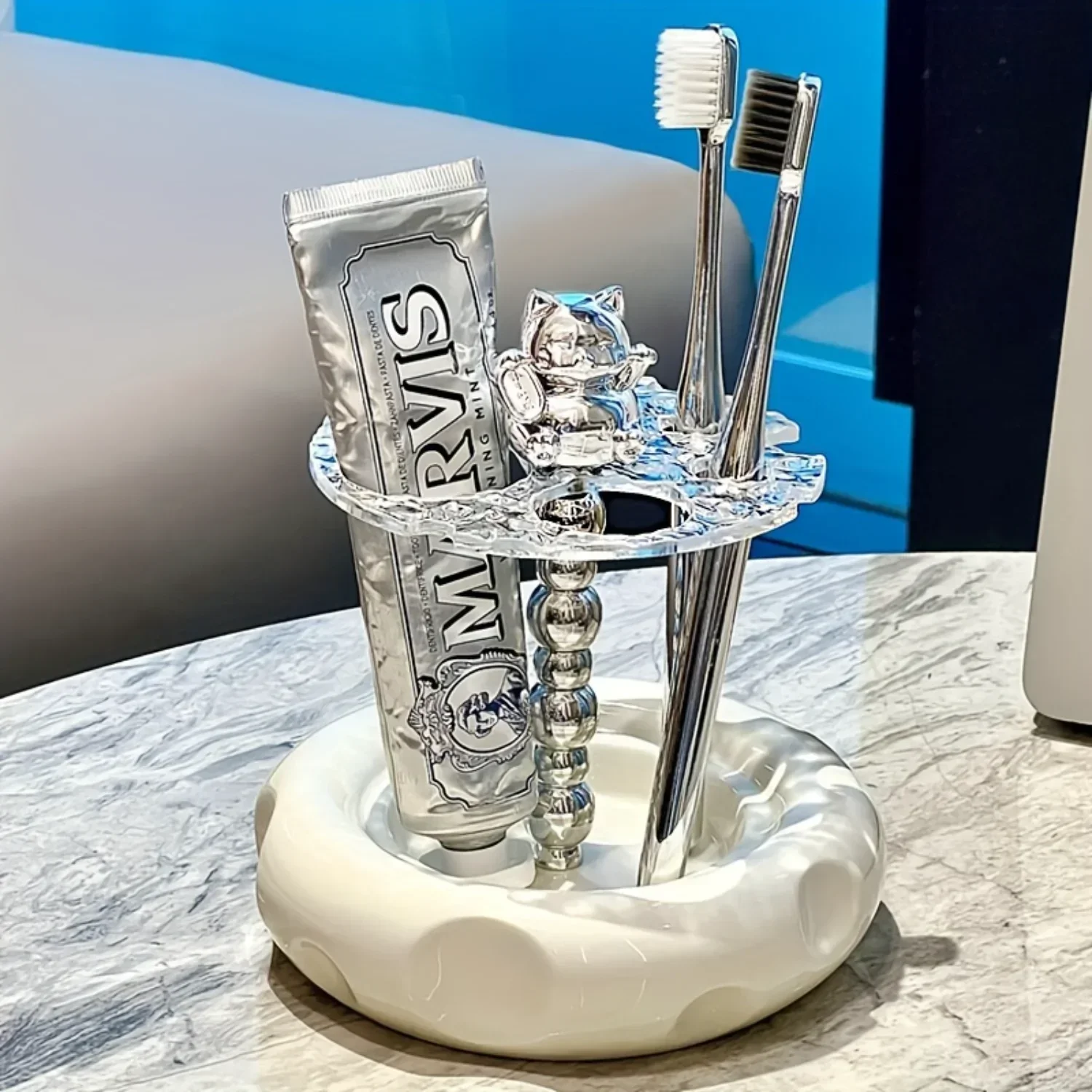 

Акриловый держатель для зубных щеток с чашкой для полоскания рта — отдельно стоящий, мощность не требуется, многофункциональный органайзер для ванной комнаты для зубной пасты