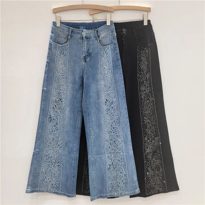 ANJY Autumn Women High Street Lace Diamonds Tide Hollow Out Patchwork Jeans Light Luxury Stretch Versatile Straight Pants A10573