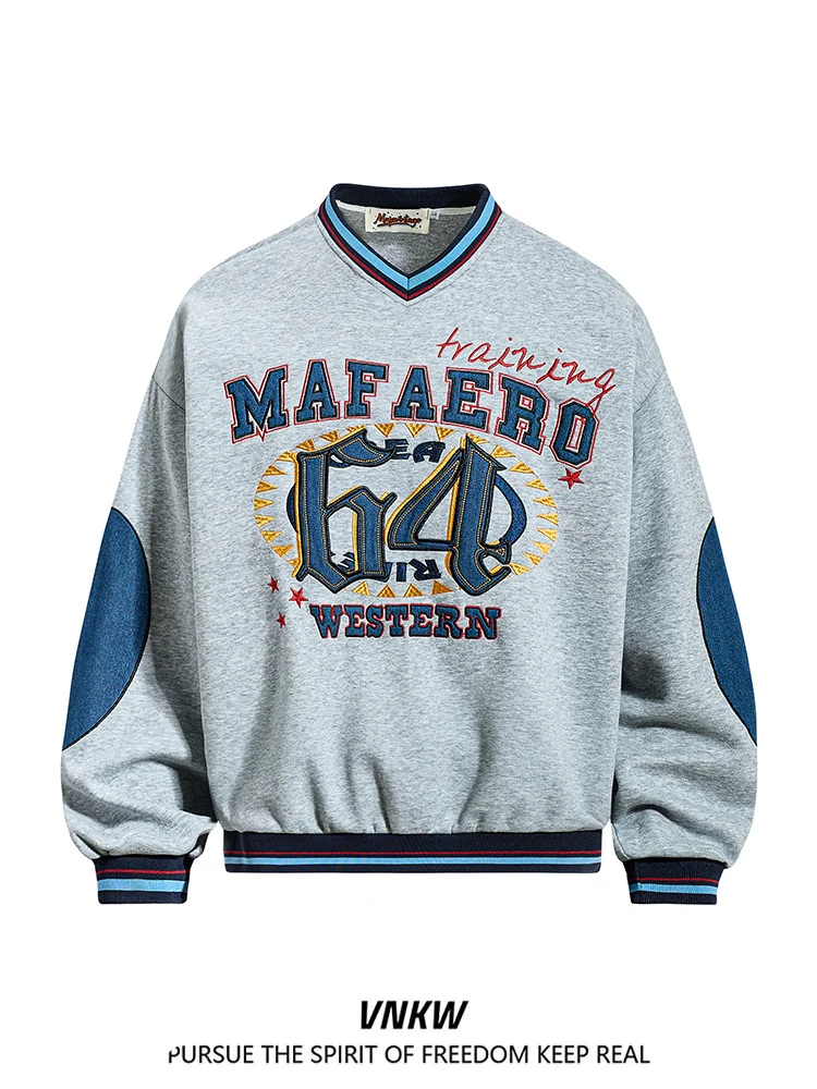 

Американский уличный стиль: худи с V-образным вырезом и вышивкой, свободный крой, повседневный, модный, универсальный, для пар, весенний, хлопковый.