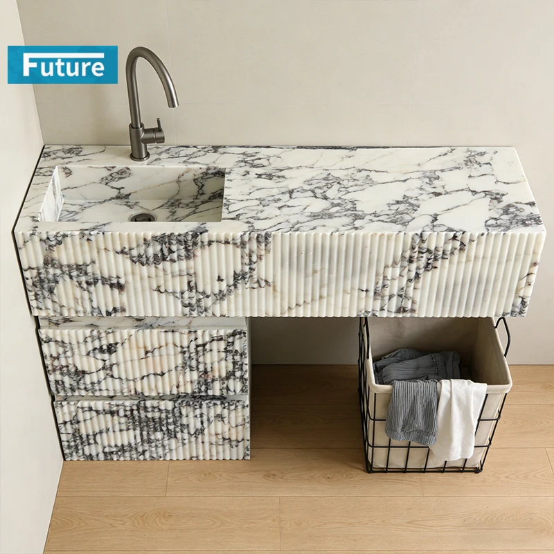 Luxury 100% Natrual Stone Calacatta Viola Marble Bathroom Vanity with Sink and Cabinet for Villa Apartment Bathroom Furniture