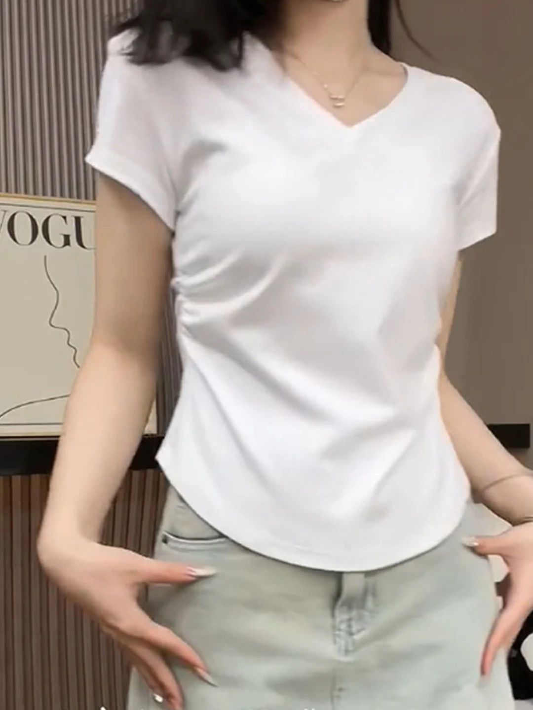 plus Size Pure Cotton Pleated V-Neck Black Short Sleeve T-Shirt Women's Summer Slim Fit Waist-Cinching Top Korean Style Commute