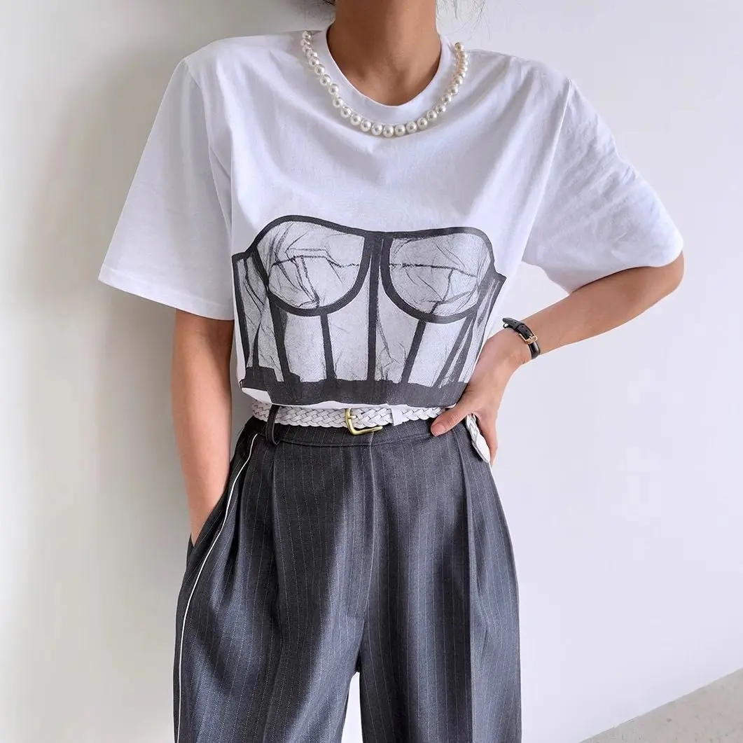European And American Summer Loose Casual T-shirt Printed Bra Design Sexy women's Short Sleeved Shirt