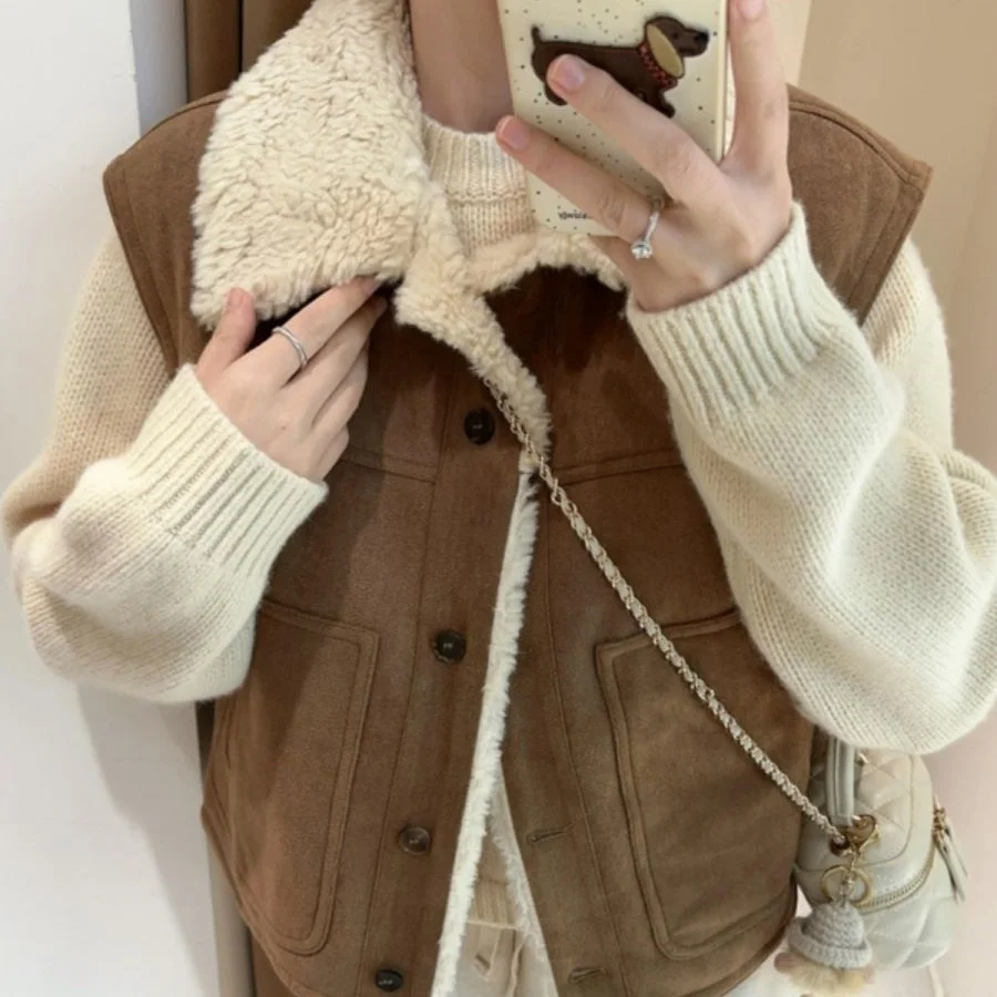 Korean Style Lamb Wool Vest Women Fashion Top New Autumn Winter Loose Casual Outerwear Short Coat