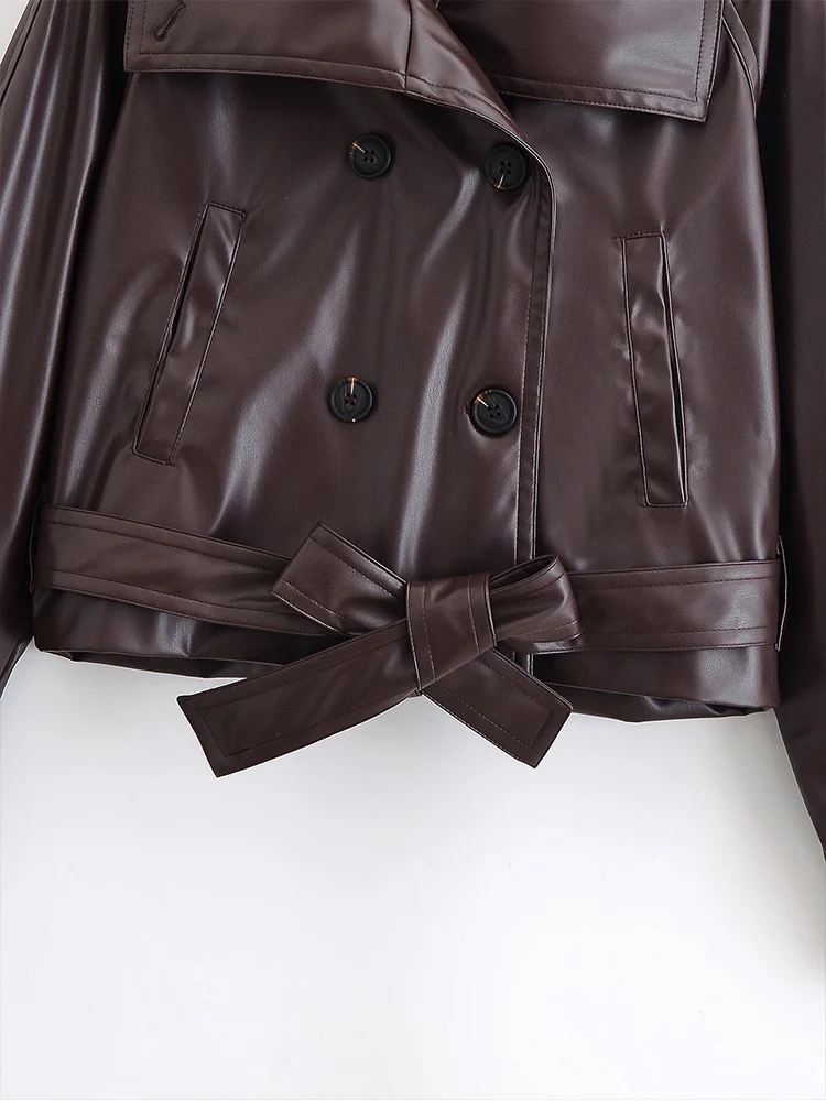 ヨーロッパ風の新しいレディースファッション、多用途で上品な無地の長袖、ベルト付きショート丈レザーウインドブレーカー