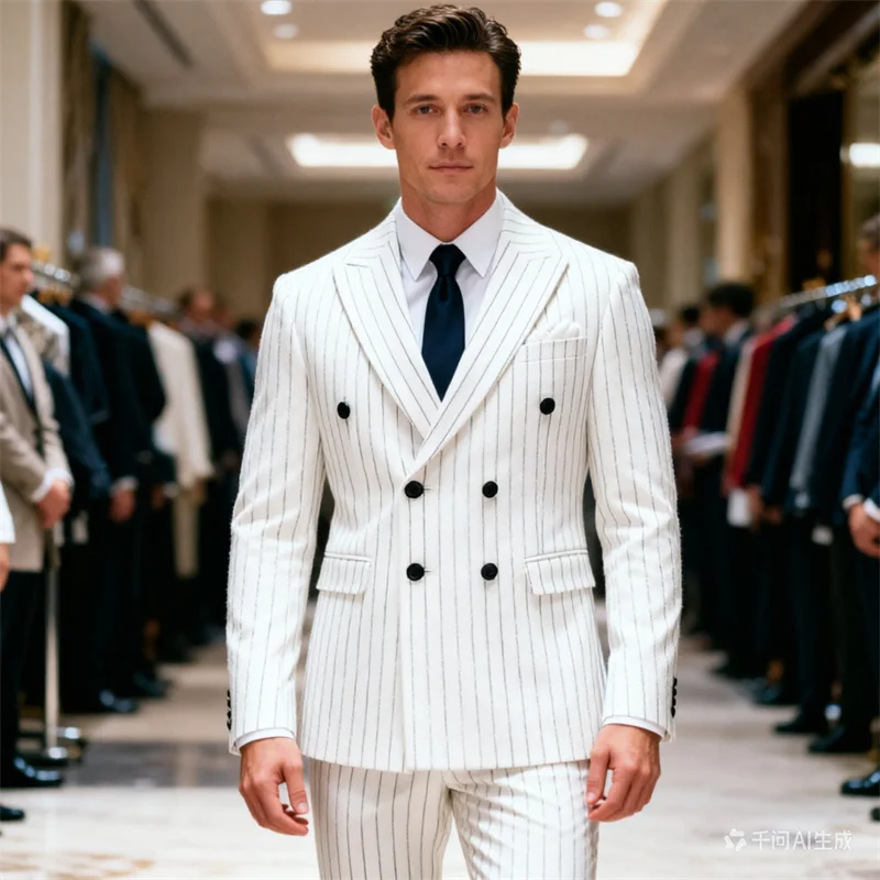 

Fashionable Men's Double-Breasted Striped Suit White/Burgundy Men's Business, Social, Wedding, Party Formal Two-Piece Suit