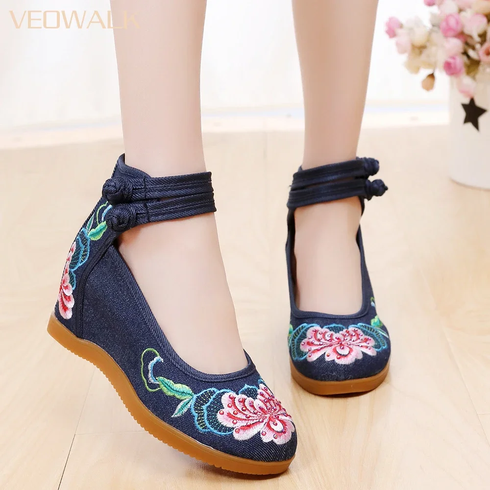 TIMETANG Women\'s Wedged Canvas Shoes 7cm Hidden High Heel Platforms Flower Embroidered Ankle Strap Ladies Denim Cotton PumpsE218