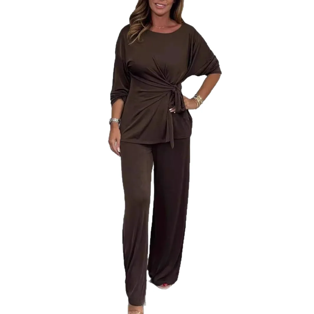 Oversized Loose Women's Sets Two 2 Pieces  Casual  Long Sleeve Lace Up Blouse&Wide Leg Trousers Suits