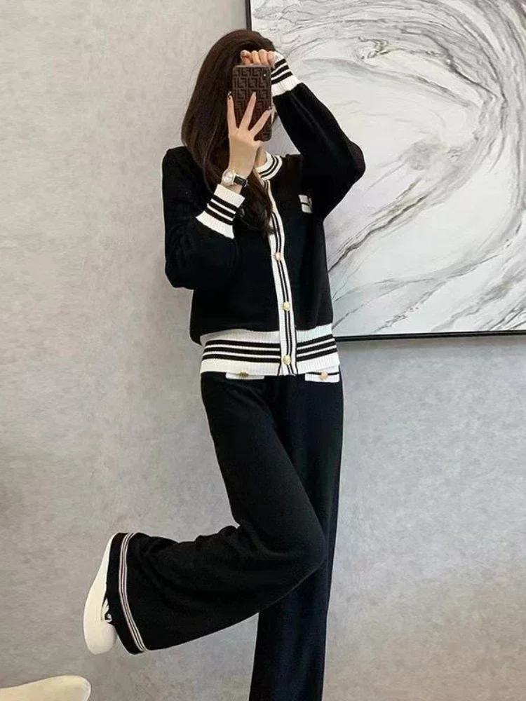 Autumn/Winter Casual Two Piece Sets Single Breasted Stripes Patchwork Knitted Cardigan Sweater and Wide Leg Pants Female Suit