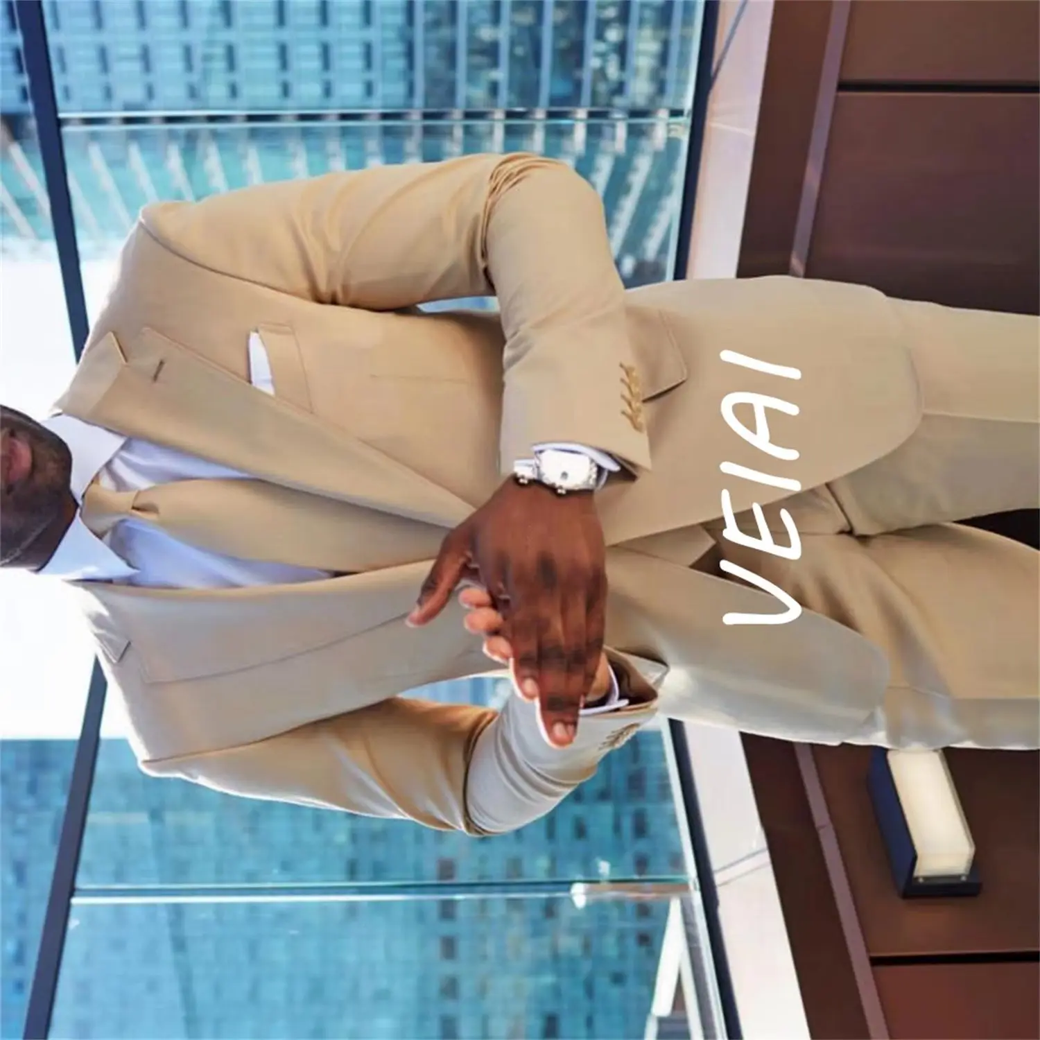 

Мужской костюм-двойка бежево-синего цвета, приталенный, с одной пуговицей, с вырезанными лацканами, модный, для бизнеса и свадеб (пиджак + брюки)