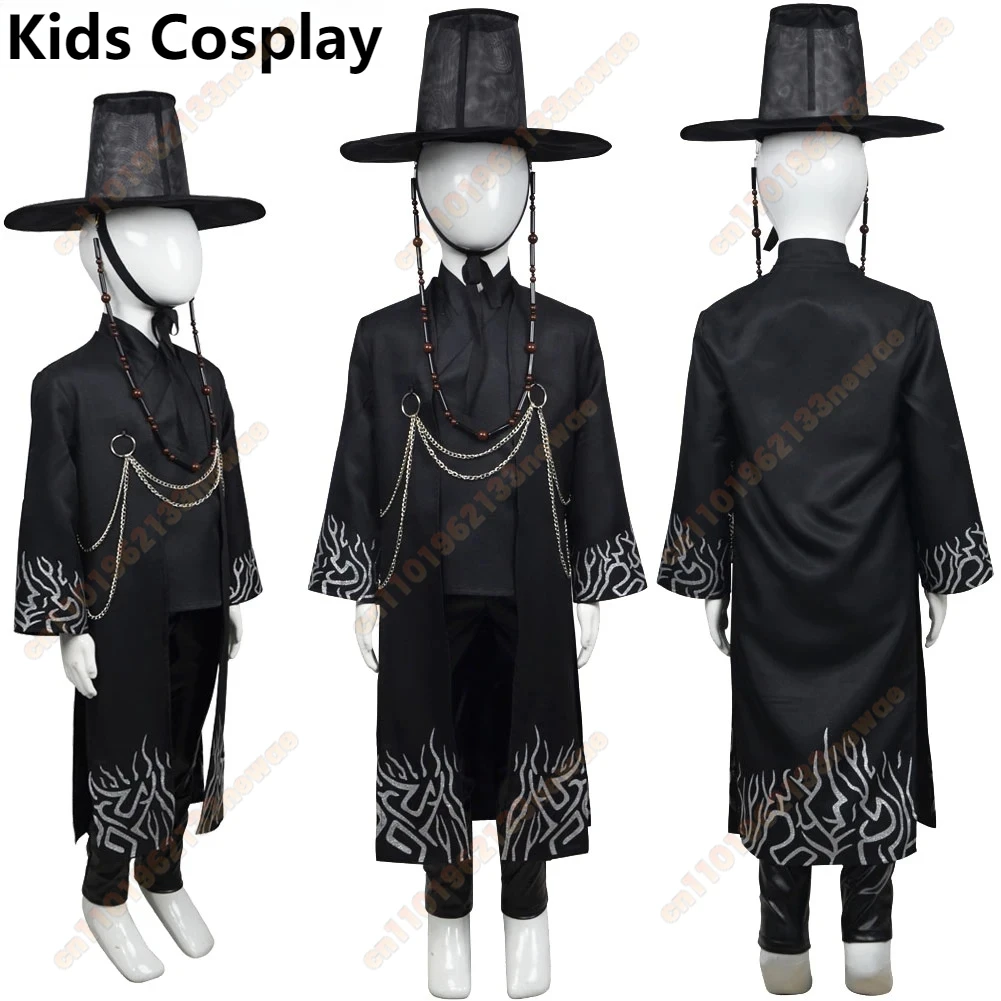 

Kids Jinu Saja Boys Cosplay Costume KPop Demon Hunters Boys Girls Children Hat Coat Pants Suit Halloween Group Party Clothing