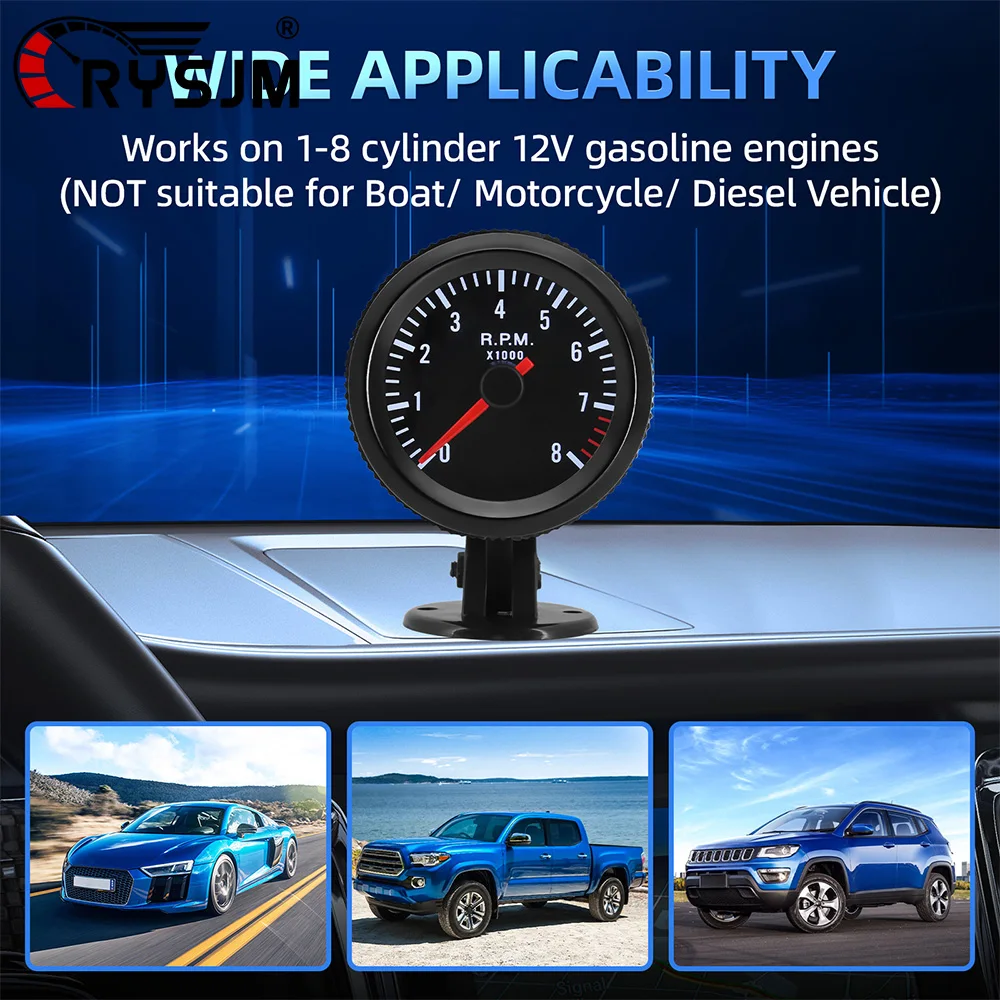 

0-8000 RPM Tachometer Car Indicator Gauge With Bracket White LED Tacho Meter Car Gauge For 1-8 Cylinders Petrol Engines 12V Car