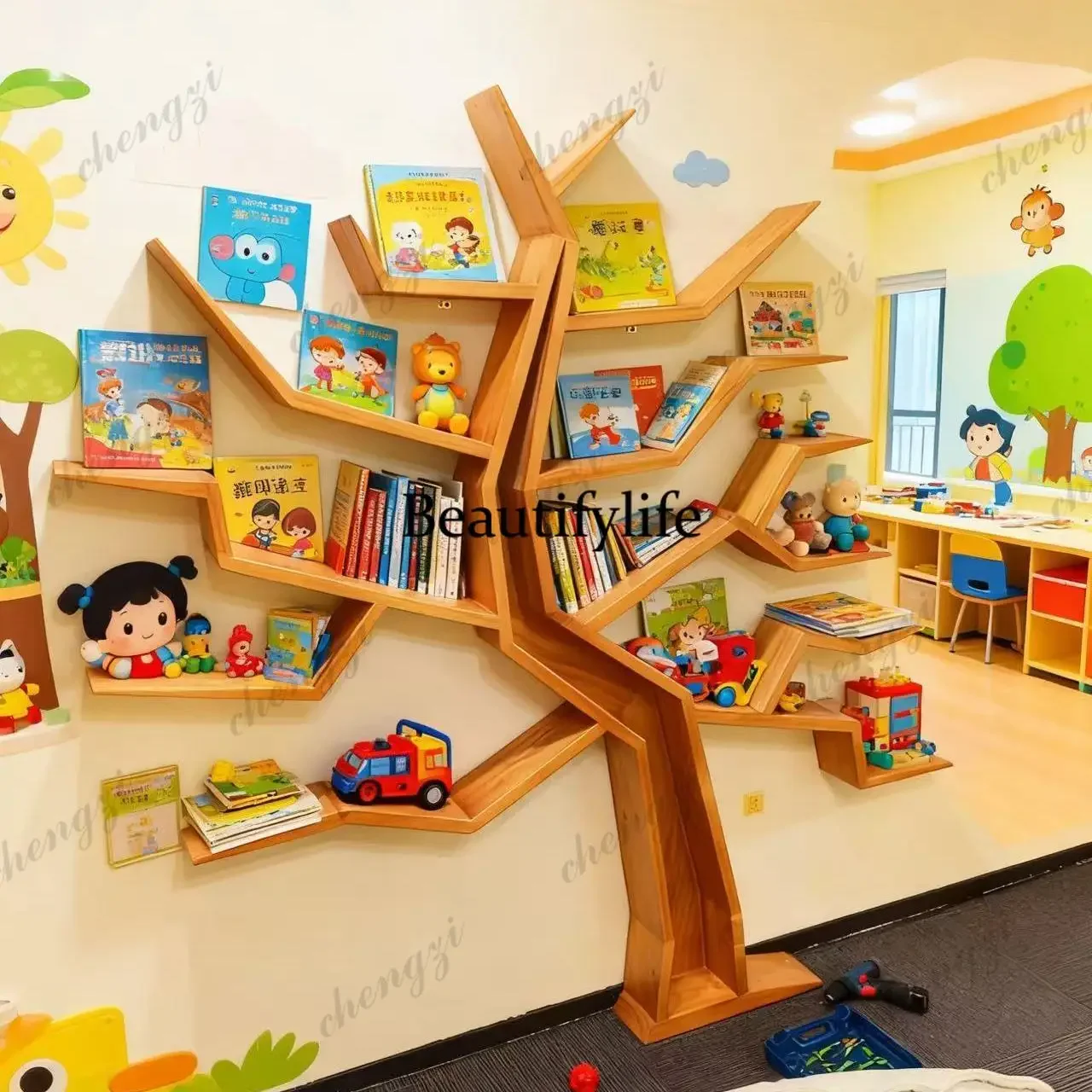 D136 American creative tree bookshelf solid wood shelf kindergarten floor wall wall decorative display stand