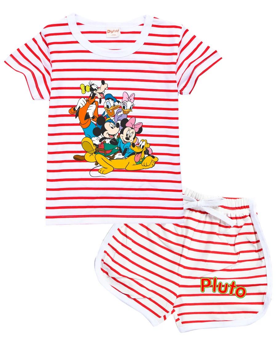 

Pluto Mickey Kids Clothes Suit Cute Summer Children Boys Girls T-shirt+shorts Casual Stripe Clothing Sets